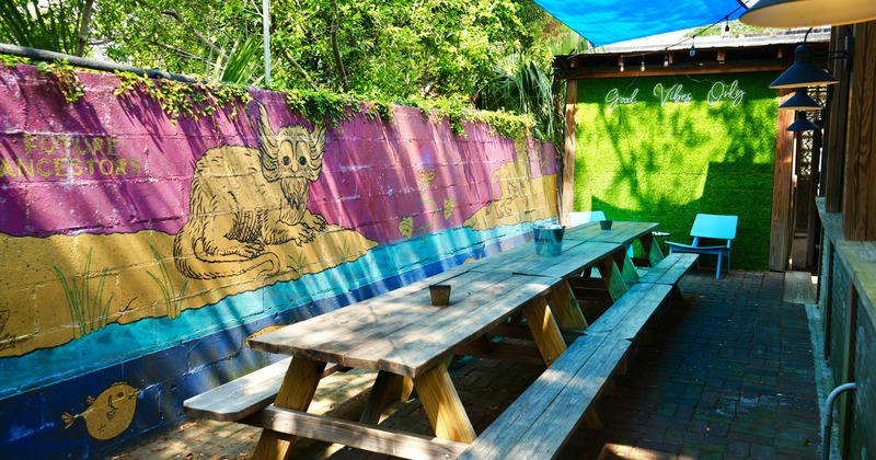 Outdoor, long wooden table with benches on both sides