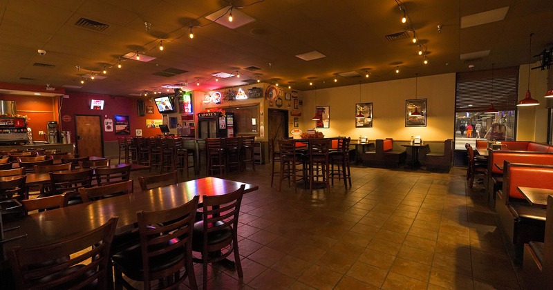 Interior, booths, upholstered benches, tables, lights