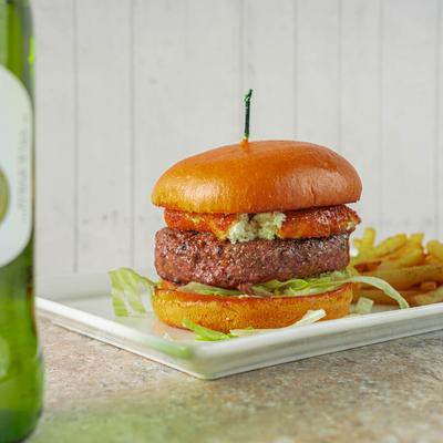 Goat Cheese Burger with fries.