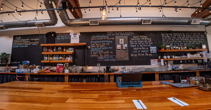 Diner bar,  front view, menu screens behinde