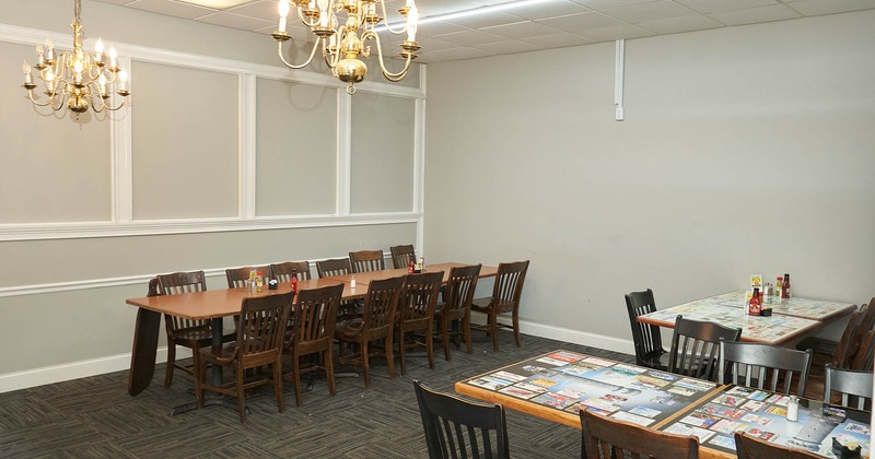 Interior, tables, chairs, chandeliers