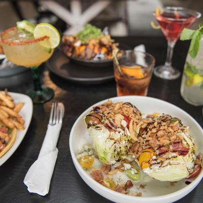 Various food and drinks on the table.
