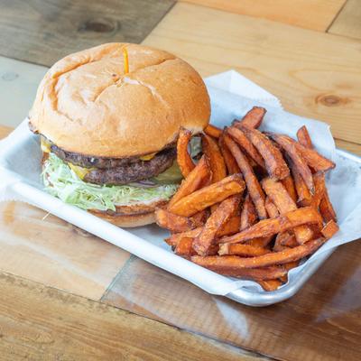 Double cheeseburger with sweet potato fries.