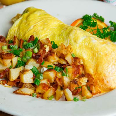 Omelet and breakfast potatoes.