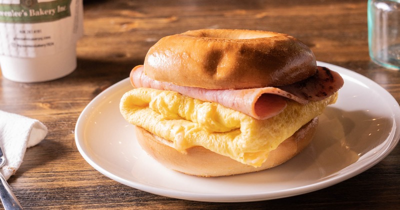 Ham and eggs bagel sandwich