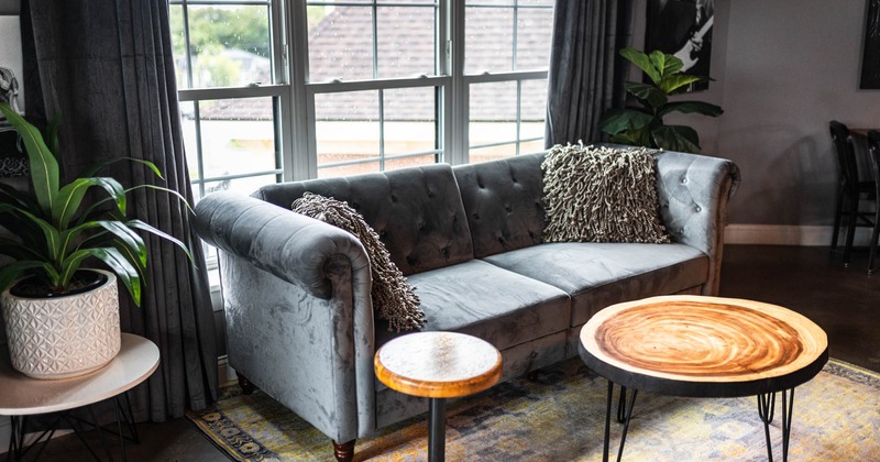 Interior, lounge seating with a coffee table