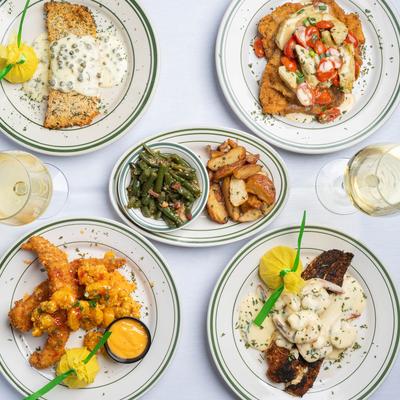 Blackened Redfish LaFourche, Panko Catfish w/Fleur de Lis Shrimp, Chicken Biloxi, & Panko Crusted Salmon.