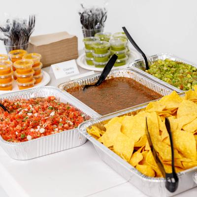 Guacamole, salsa, pico de gallo, and tortilla chips.