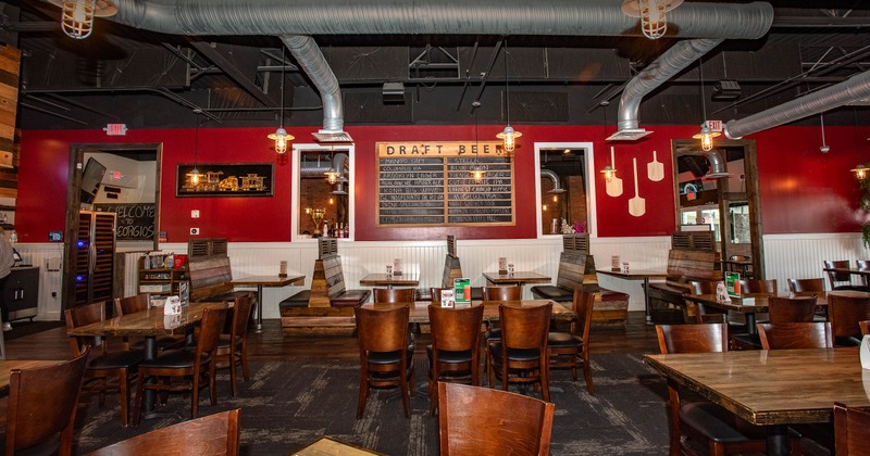 Interior, restaurant booths in seating area