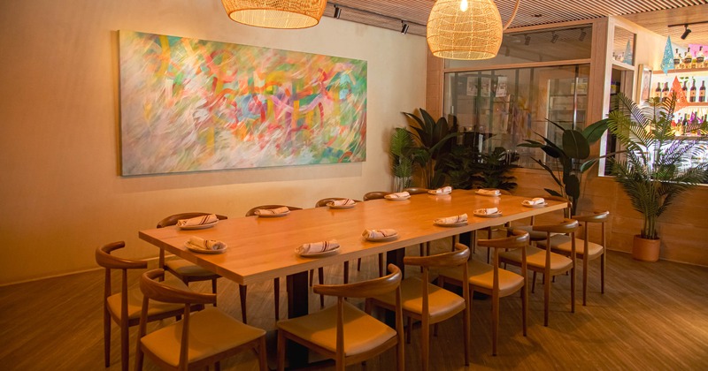 Interior, set table and chairs ready for guests
