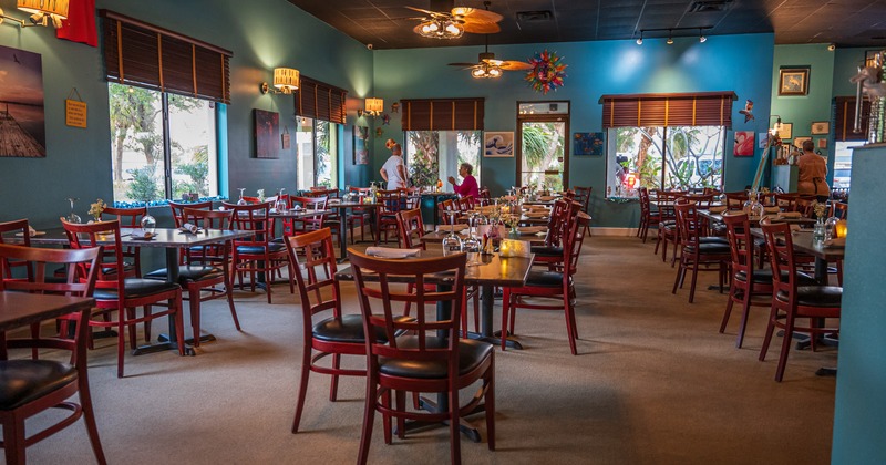 Diner area, tables and chairs, wide view