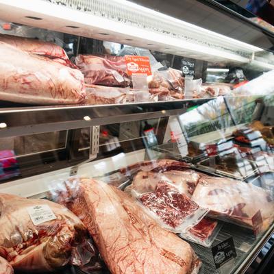 Food products in a display case.