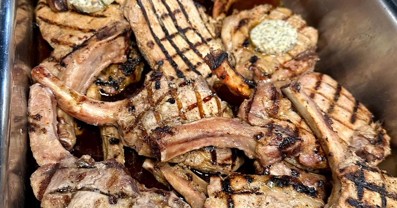 Grilled meat chops, extreme close up