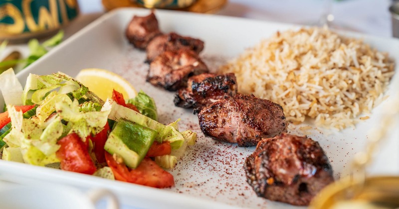 Beef Tikka Kabob with rice and salad