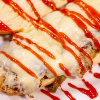 Cheese steak sandwich, close up.