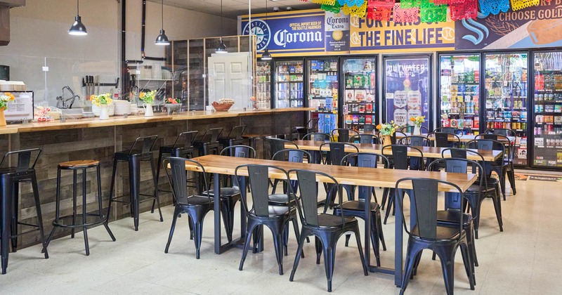 Interior, seating area, bar area on the left