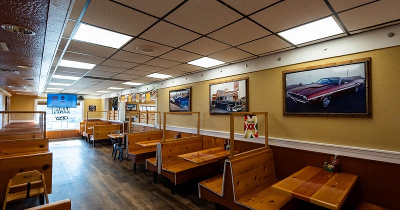 Interior, seating booths lined up
