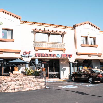 Exterior, restaurant front entrance and parking lot