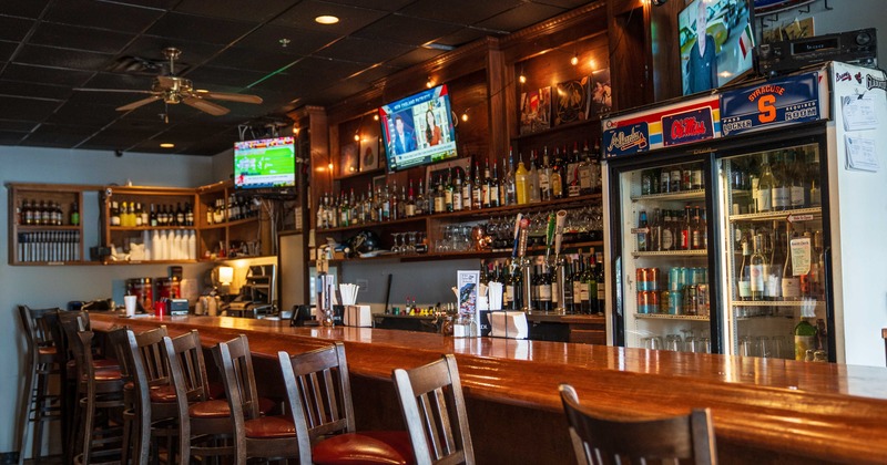 Interior, bar, bar stools, drink rack behind bar