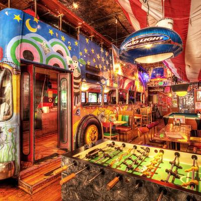 Double Decker multi colored Bus seating area