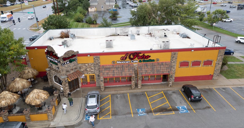 Aerial view to restaurant and parking lot
