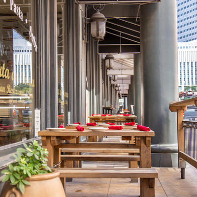 Patio with tables and benches