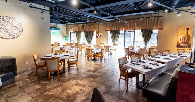 Interior seating area with chairs and tables