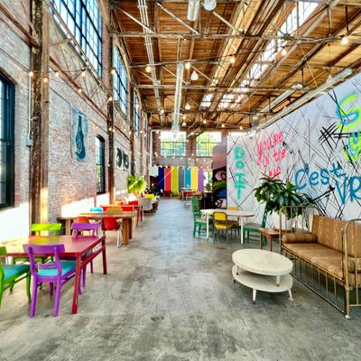 Colorful furniture, wall art.