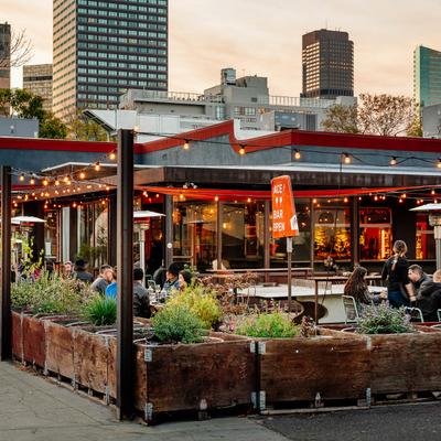 Patio, string lights, raised garden beds, customers.