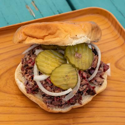 Chopped brisket sandwich.