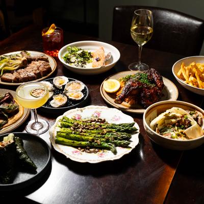 Various meals on the table.