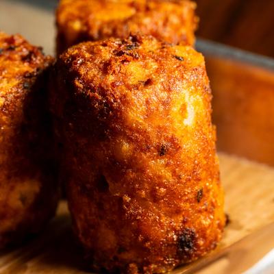 A closeup on fried monster tots