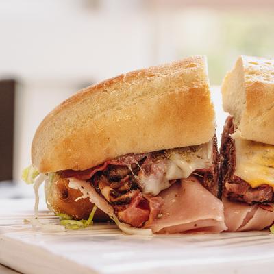 Morry's Sky High Triple Decker Sandwich, side view.