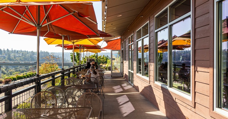Exterior, patio with tables and chairs ready for guests