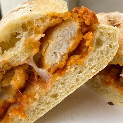 Chicken Parm Sandwich, close-up.