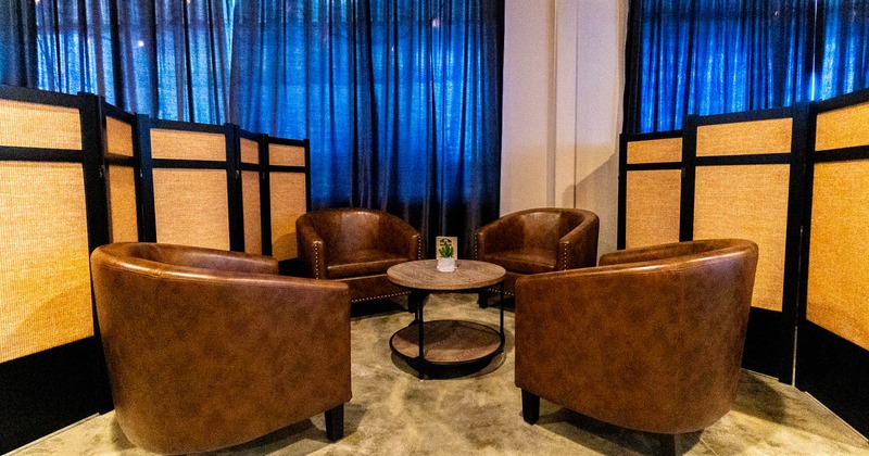 Interior, lounge area, leather armchairs with coffee table, screen as a room divider