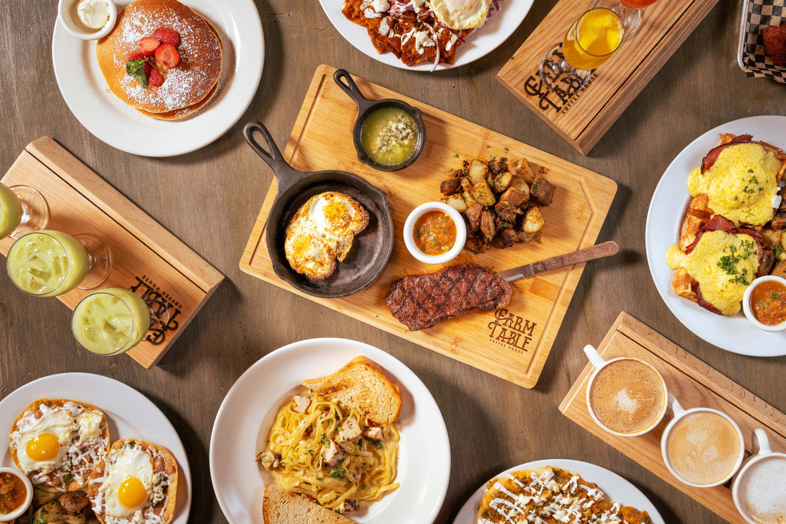 Assorted dishes spread on a table, overhead view