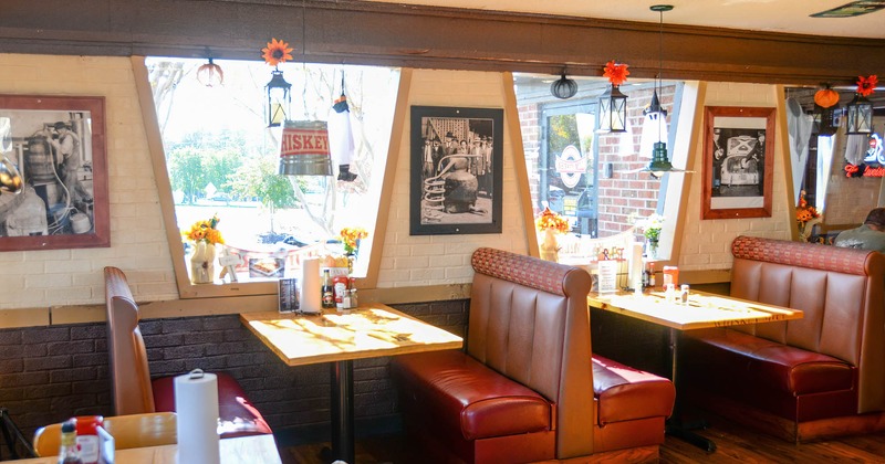 Interior, tables, benches, windows, decorations, wall paintings