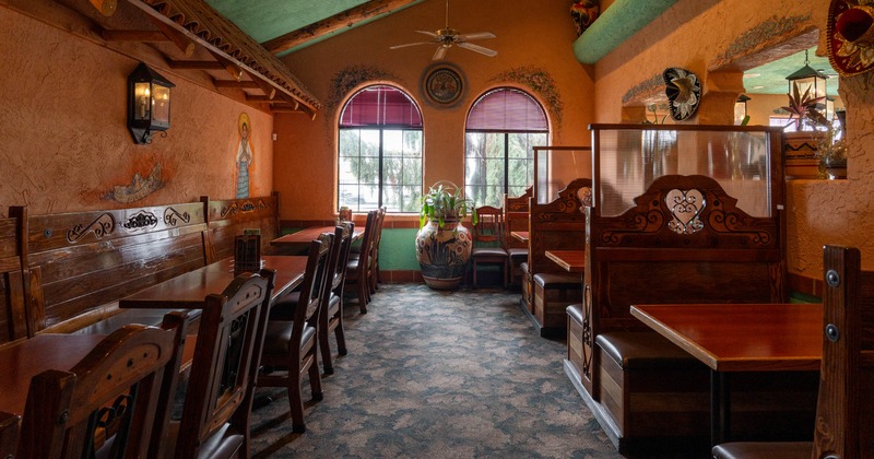 Interior, tables, chairs and seating booths