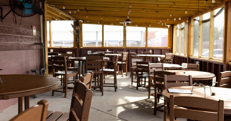 Exterior, covered patio with tables and chairs