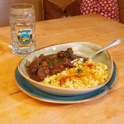 Goulash, served, front view.