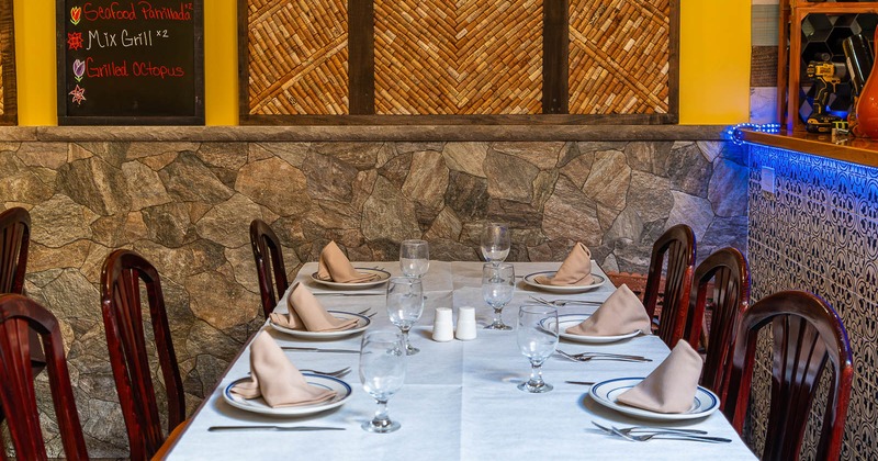 Interior, chairs and tables in dining area