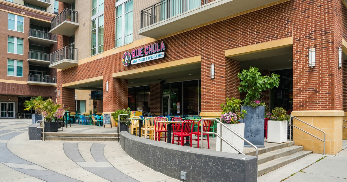 Exterior, colorful patio seating setting