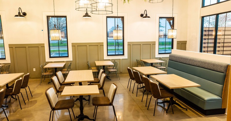 Interior, seating area, tables, chairs, and seats