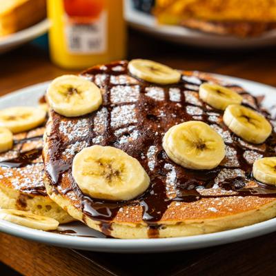 Pancakes topped with banana slices, powdered sugar, and chocolate drizzle.