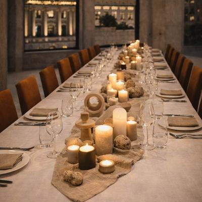 Long banquet table set for a event with pillar candles, plates, glasses and cutlery.