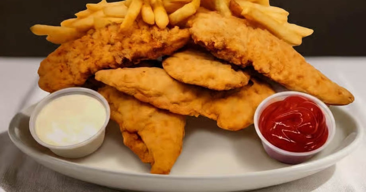 A pile of crispy chicken tenders and french fries with dipping sauces