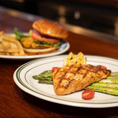 Chicken tender and a burger.