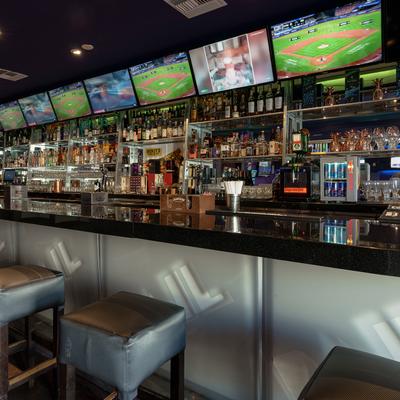 The serving counter and stools