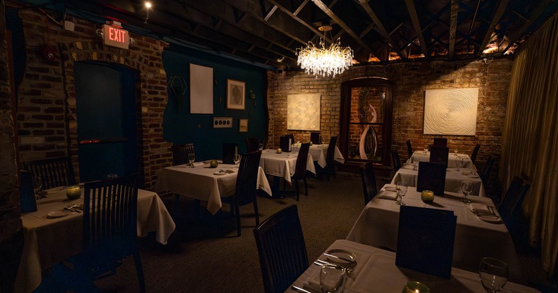 Interior, tables and chairs lined up